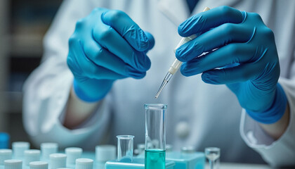 Fototapeta premium Doctor's gloved hands carefully holding a pipette over a test tube, medical precision