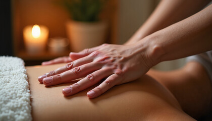 Naklejka premium Therapist's hands applying deep tissue massage in soft candlelight, relaxation