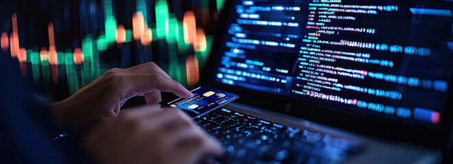 person using credit card on laptop while analyzing financial data