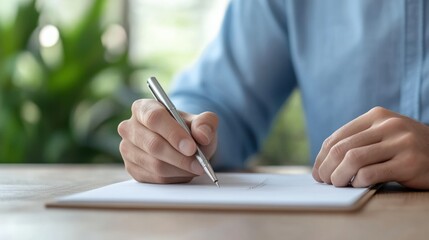 Man Writes on Paper with Pen