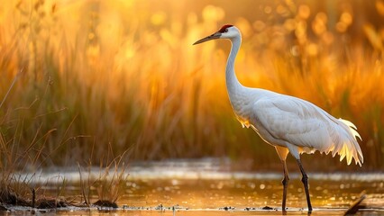 Obraz premium Whooping Crane in Natural Habitat with Serene Mood in a Wetland Background