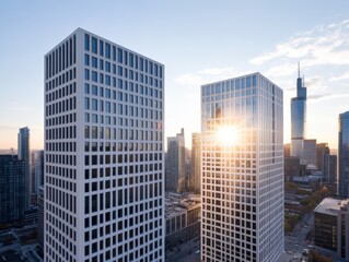 Fototapeta premium Modern architecture of urban Skyscrapers at sunset.