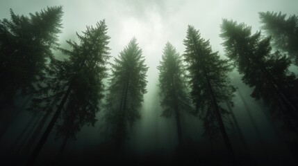 Obraz premium Misty Forest of Tall Fir Trees