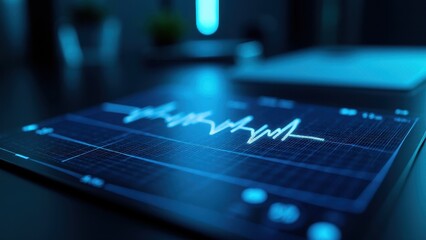 ECG Printout, Neon-blue ECG printout glowing on a sleek black surface enhanced with futuristic interfaces set in an industrial setting