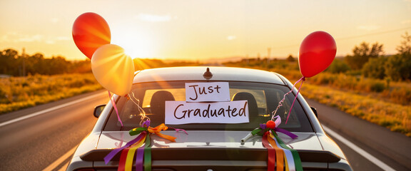 Car celebration decorated for graduation road trip at sunset, joy