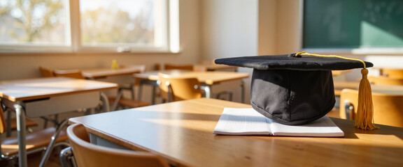 Graduation cap resting on empty desk in classroom, end of an era