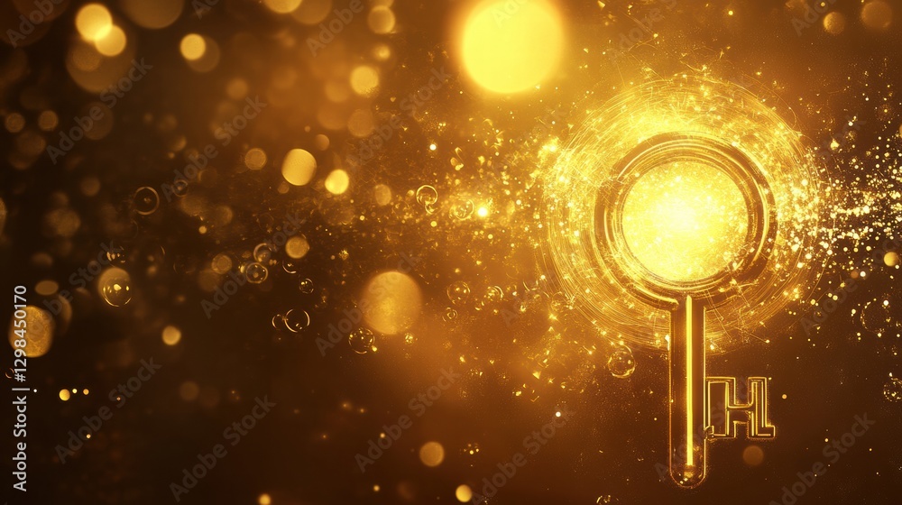 Poster Golden abstract design with sparkling lights and a circular pattern emanating brightness in a dark background. Generative AI