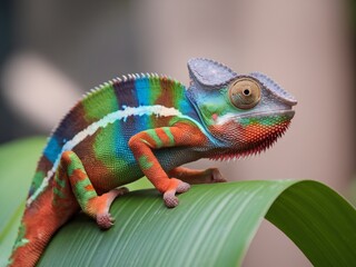Obraz premium Vibrant chameleon perched on a green leaf, showcasing its stunning colors and unique texture.
