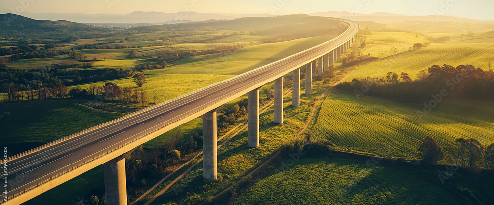 Poster aerial view of a long elevated highway bridge crossing over green fields, symbolizing infrastructure
