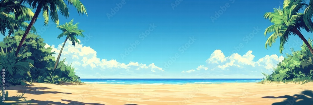 Poster tropical beach view with palm trees and clear blue sky during the day. generative ai