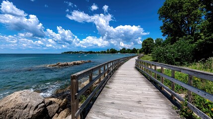 Coastal boardwalk path, summer, ocean view, travel