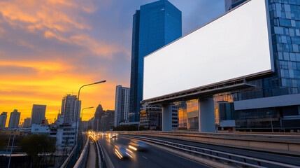 A vibrant sunset paints the skyline above a busy bridge where a large blank billboard stands ready for advertising. The scene captures urban energy and creative possibilities