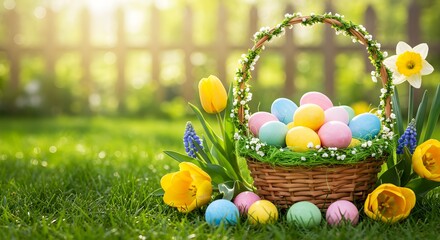 Easter basket with colorful eggs and spring flowers on sunny grass lawn. Holiday celebration, egg hunt, and springtime decor for Easter Sunday and family gatherings.