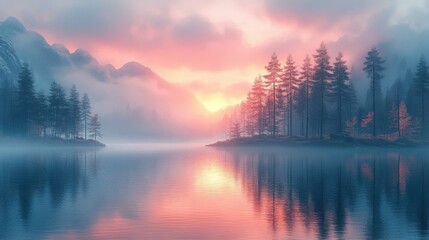 Fototapeta premium Pink and Blue Sunset over Misty Lake and Mountains