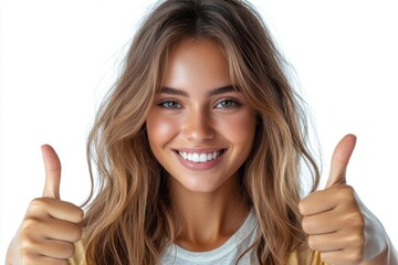 Happy Young Woman Giving Thumbs-Up and Smiling – Isolated on White