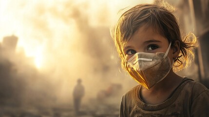 A child playing outside while wearing a protective mask in a dusty, polluted environment, realistic, very detailed
