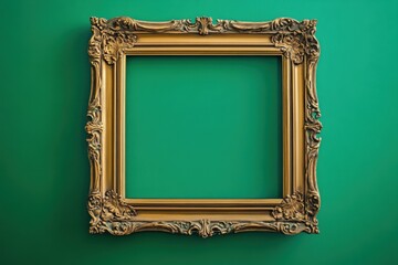 An ornate golden picture frame hangs against a green wall