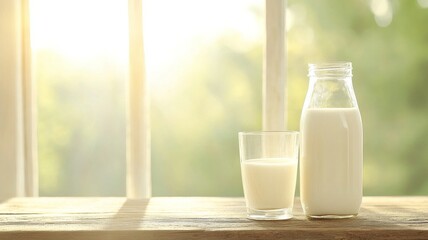A classic glass bottle of milk alongside a full glass, placed on a rustic wooden table with soft sunlight streaming through a window