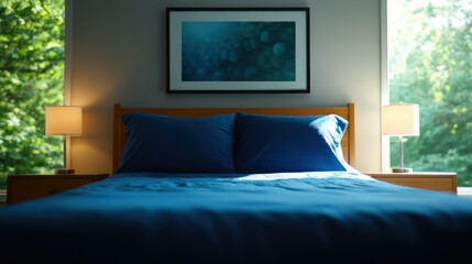Bedroom interior with blue bedding and lamps.