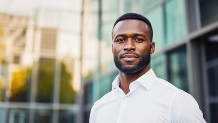 Obraz premium Confident businessman standing outside modern office building, thoughtful entrepreneur, focused executive company employee corporate portrait, professional headshot