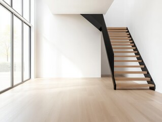 Modern Home Interior with Staircase and Large Windows
