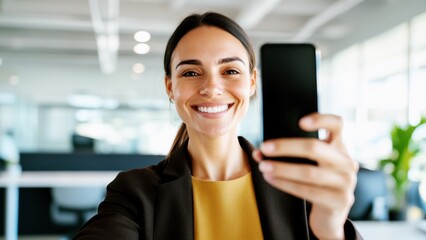 Cheerful businesswoman taking a selfie in a modern office, smiling confidently. Professional workplace portrait showcasing digital communication, corporate lifestyle, and online networking