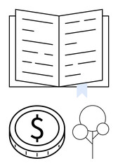 Open book with text lines and bookmark, coin with dollar sign, and minimal tree design. Ideal for education, finance, reading, sustainability, growth learning and nature concepts. Abstract line