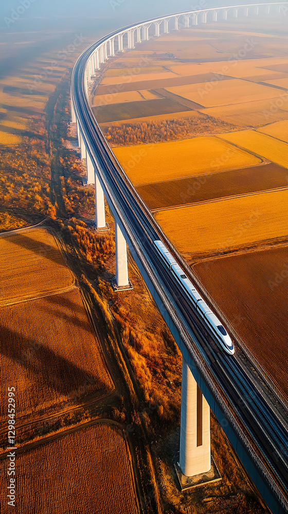 Poster An aerial view of a high-speed train crossing a curved viaduct, showcasing modern transportation infrastructure amidst a rural landscape, symbolizing progress and connectivity.