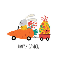 Adorable bunny, in carrot racing cars, easter egg, flowers and lettering Happy Easter. Spring cartoon print in flat style.  Vector design in child style for Easter holiday card and invitation.