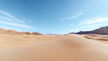 Vast desert landscape with rippled sand dunes under a clear blue sky, capturing nature's serene beauty.