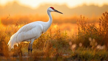Whooping Crane in Natural Habitat with Serene Mood in a Wetland Background