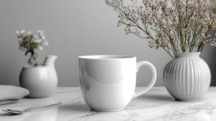 pristine white porcelain mug with handle sits elegantly on marble surface, surrounded by delicate flowers in vases, creating serene and minimalist atmosphere