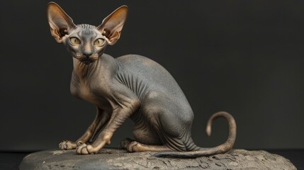 Fototapeta premium A sleek, gray Sphynx cat sitting gracefully on a textured surface against a dark background, showcasing its unique features