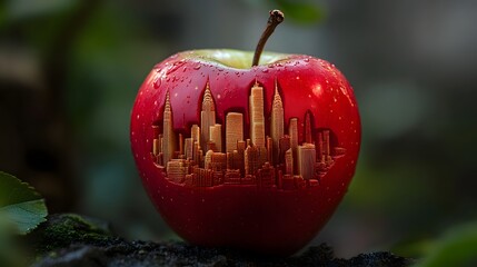 Apple Carved into City Skyline Design with Water Droplets on Surface