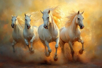 Fototapeta premium White horses running in golden light