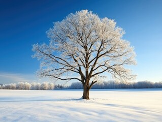 frost covered tree in a snowy field on a bright winter day