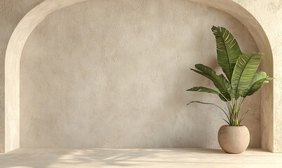 Beige stucco wall room with potted plant for a natural interior look.