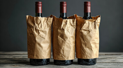 Three wine bottles are elegantly wrapped in brown paper bags, standing on rustic wooden table against dark background, creating mysterious and sophisticated atmosphere