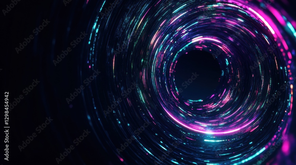 Poster Colorful swirling vortex of light abstract art reflecting movement and depth in a digital space. Generative AI