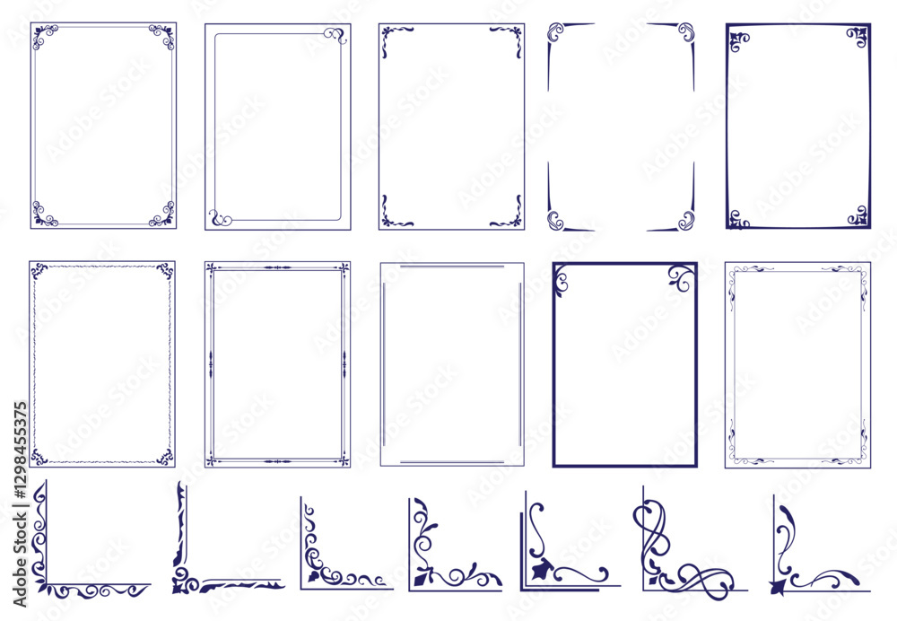 Poster vector set of simple frames, borders and decorative corners, simple line frames with double stroke .