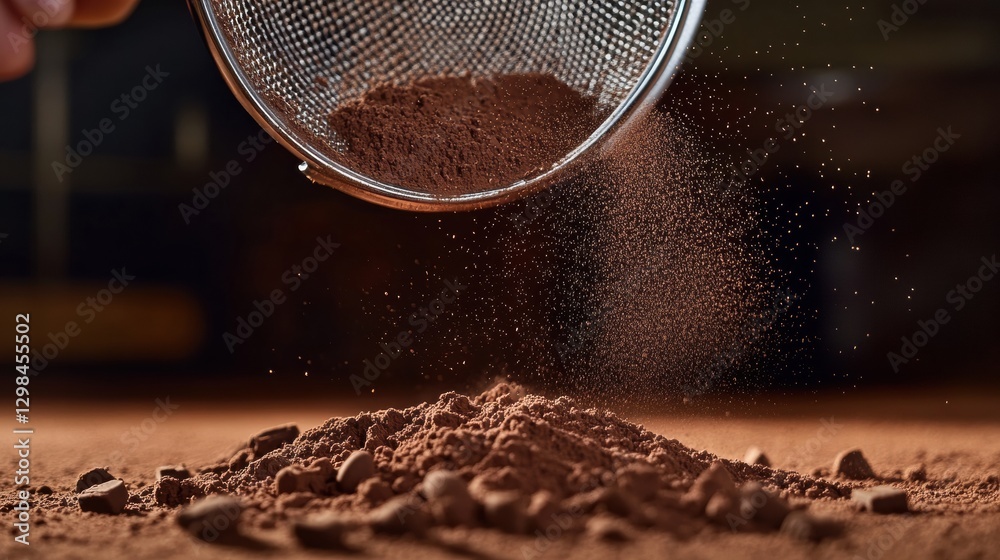 Poster Cocoa powder being sifted onto a mound with fine particles spreading in the air at a bakery during daytime. Generative AI