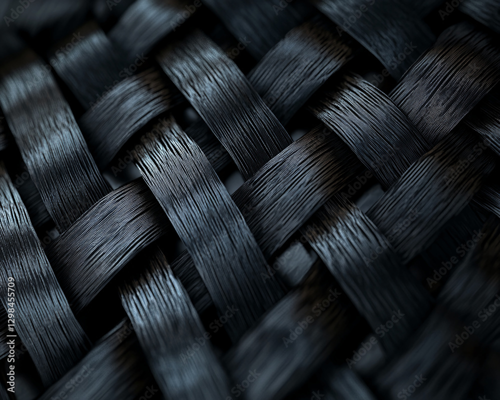 Poster close-up shot of a black woven textile, focusing on the intricate pattern and smooth texture, symbol