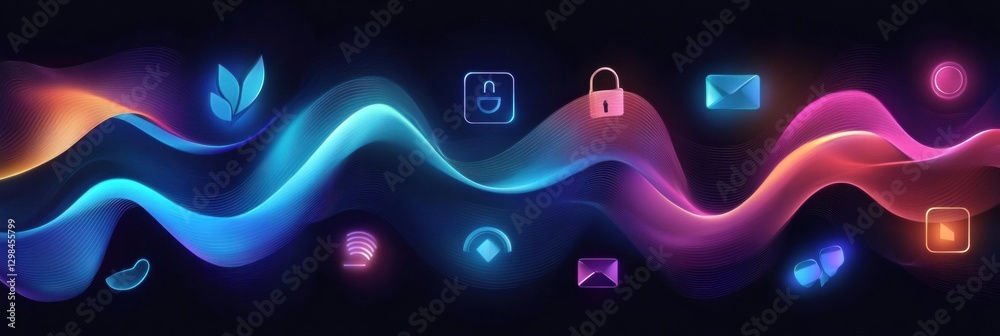 Poster Colorful abstract digital design with various icons representing technology and communication with flowing lines. Generative AI