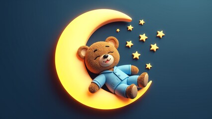 Teddy bear logo, cute 3D teddy bear in pajamas sleeping on moon with stars around isolated on dark background