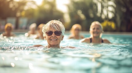 Obraz premium An older woman in a swimming pool. Senior aging woman doing active water aerobics. A woman is enjoying the fun of exercising outdoors with her long-term female companion. A mature lifestyle woman in.