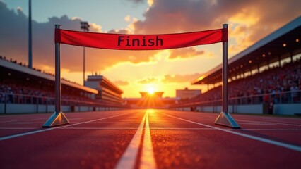 Finish line tape, A vibrant racing event with a glowing finish line tape at sunset on a reflective asphalt track.