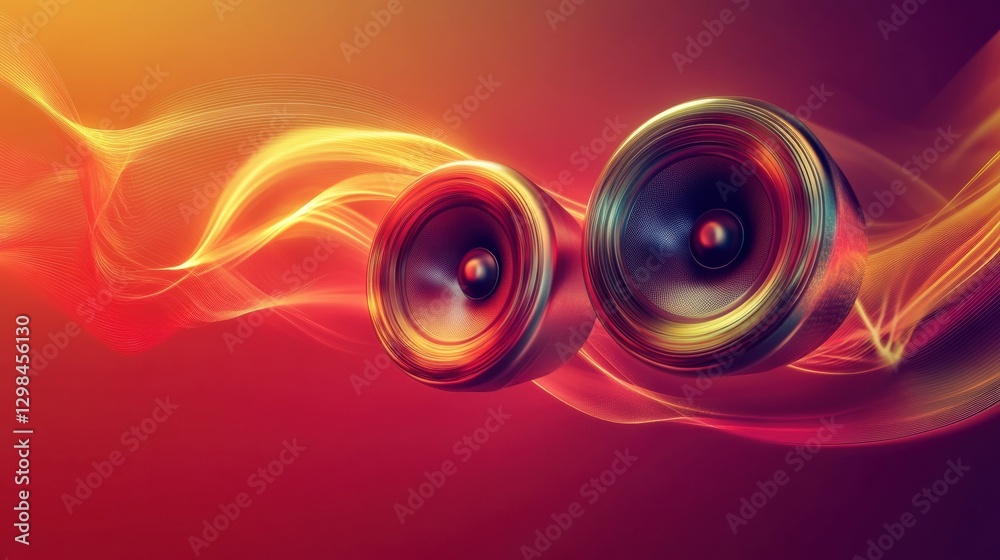Poster 3D speakers emitting colorful light waves in a dynamic sound visualization environment. Generative AI