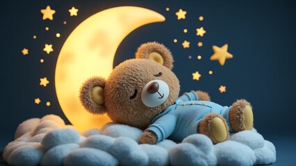 Teddy bear logo, cute 3D teddy bear in pajamas sleeping on moon with stars around isolated on dark background