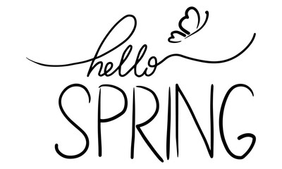 Hello spring hand drawn lettering. Modern black vector brush calligraphy banner with swashes. Text design for holiday greeting card, banner and invitation on transparent background