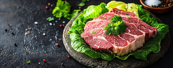 Freshly sliced raw beef with crisp lettuce and parsley, ideal for culinary presentations, butchery promotions, or St. Patrick's Day marketing.